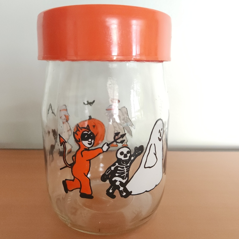 Vintage Halloween Jar Carlton Glass Pumpkin Ghost Skeleton